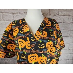 Just Love Women's Scrub Top 2X Happy Pumpkins‎ Halloween Autumn Holiday NEW